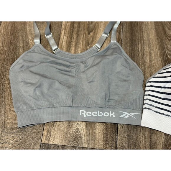 REEBOK WOMENS SPORTS BRA SIZE L PERFORMANCE RACERBACK WHITE AND GREY - Picture 3 of 8